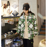 Unisex Jacket Polo Collar Jacket Men and Women Loose Woolen Plaid Coat